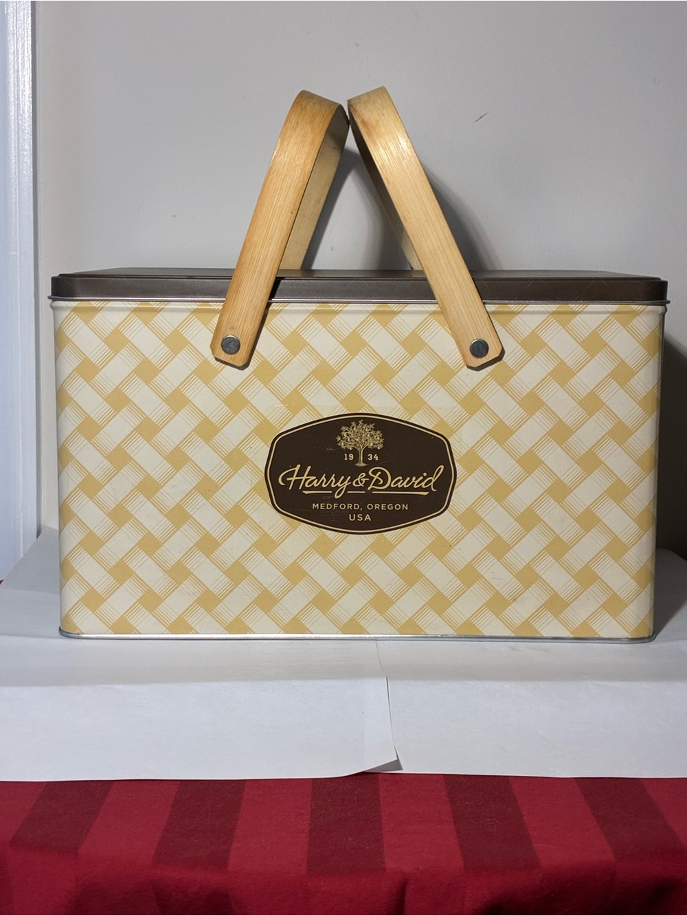 Harry & David Picnic Basket Tin w/ Wood Handles | Yellow Woven Storage Box - Picture 3 of 10
